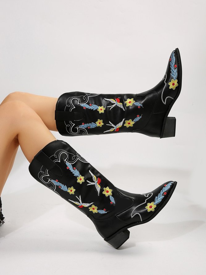Bird Floral Embroidery Black Leather Western Cowboy Boots