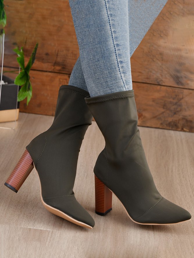 Solid Color High Elastic Upper Pointed Toe Chunky Heel Sock Boots