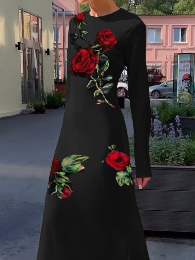 Floral Elegant Crew Neck Maxi Dress With No Belt