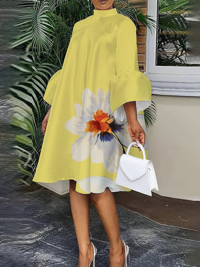 Midi Elegant Regular Fit Stand Collar Floral Dress