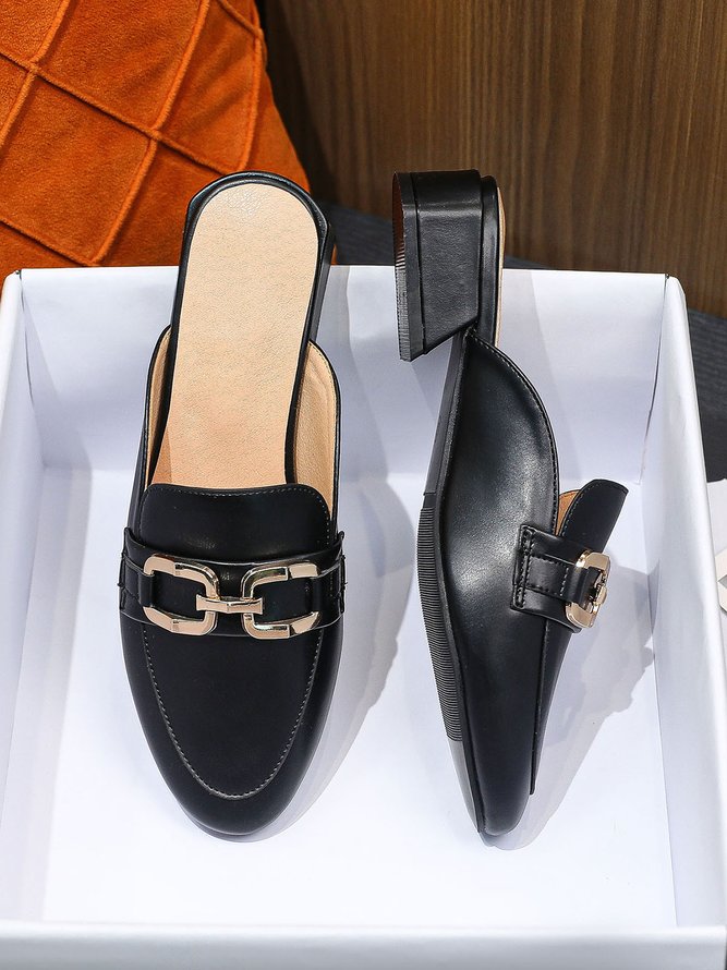 Black Faux Leather Metal Chain Slip-On Loafer Mules