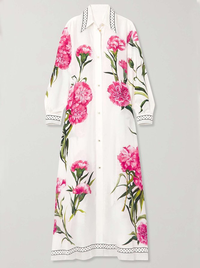 Floral Print Loose Shirt Collar Vacation Dress