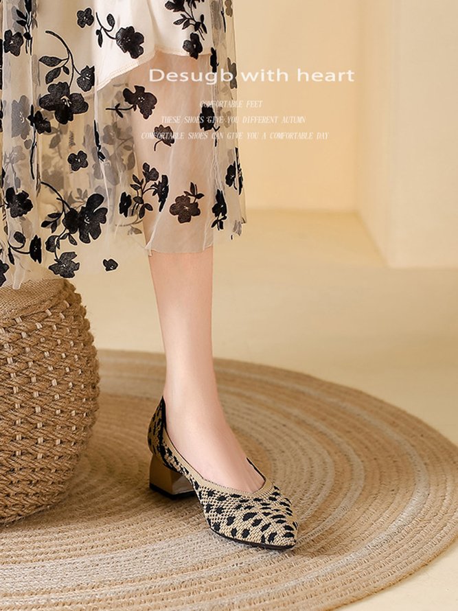 Contrasting Plain Color Leopard Print High Elastic and Comfortable Flying Woven Cchunky Heel Pointed Shoes