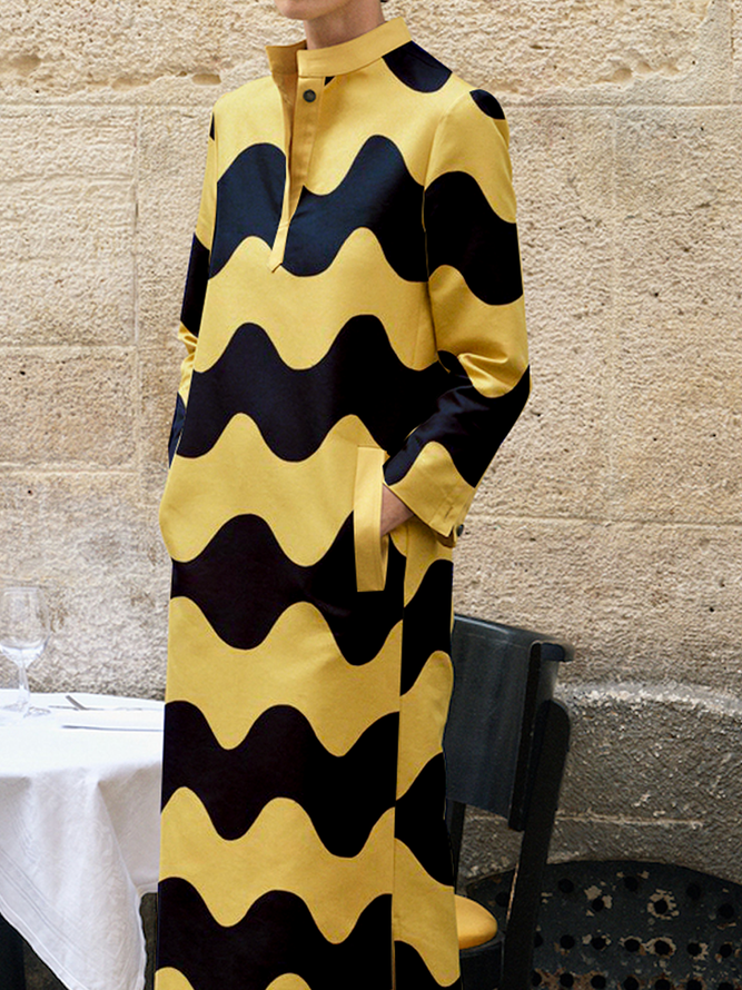 Elegant Geometric Loose Stand Collar Long Sleeve Maxi Dress