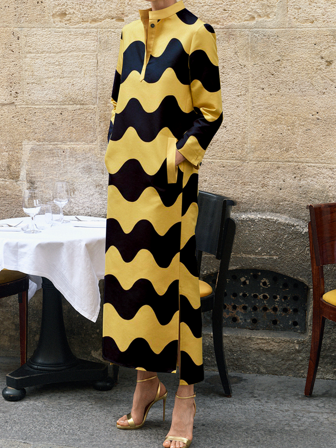 Elegant Geometric Loose Stand Collar Long Sleeve Maxi Dress