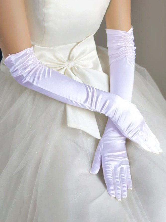 Elegant Double Row Beaded Pleated Satin Wedding Bridal Prom Dating Elbow Gloves