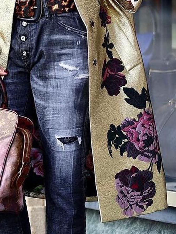 Plus Size Loose Elegant Shawl Collar Floral Trench Coat