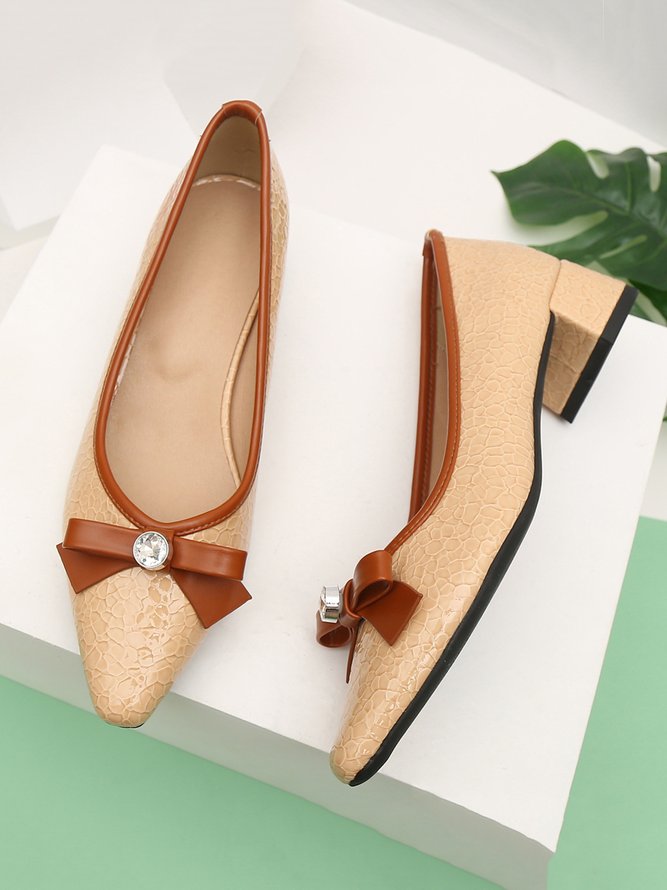 Elegant Apricot Bowknot Rhinestone Block Heel Shallow Shoes