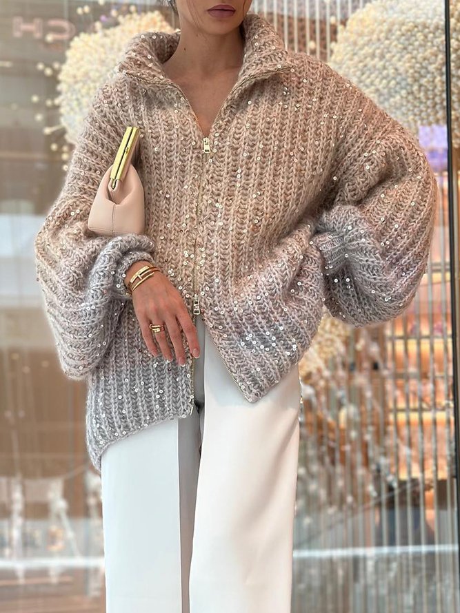 Elegant Loose Plain Zipper Glitter Long Sleeve Sweater