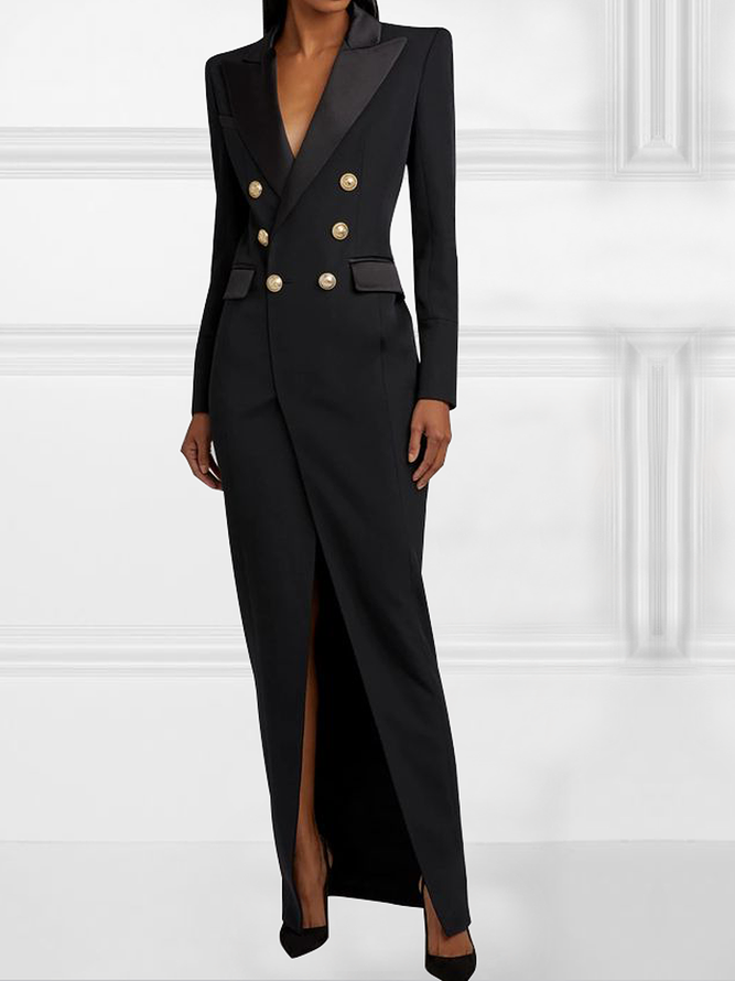 Elegant Regular Fit Lapel Collar Long Sleeve Plain Maxi Dress