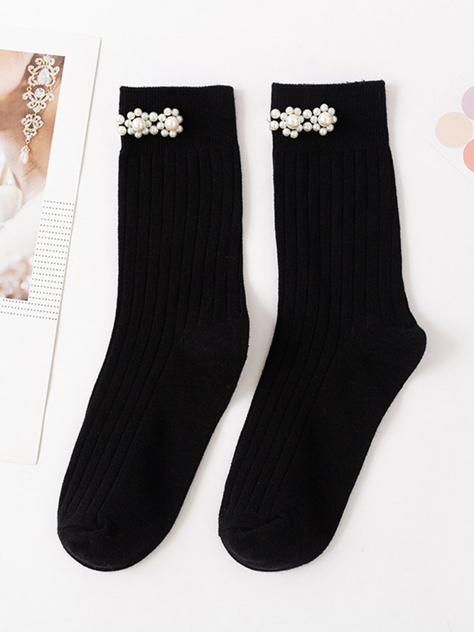 Women Elegant Floral Faux Pearl Socks