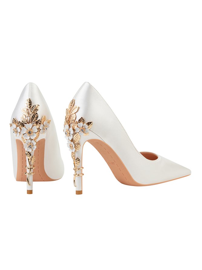 Elegant Satin Stylish Metallic Flower Stiletto Heel Pumps For Wedding