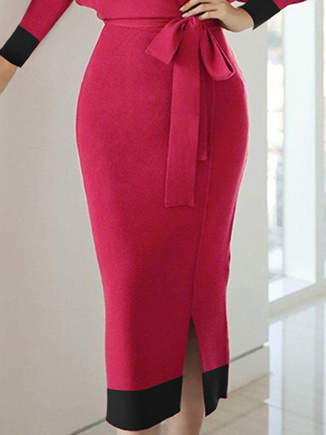High Elasticity Elegant Color Block Long Sleeve Sweater Midi Dress With Belt