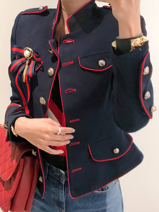 Stand Collar Color Block Long Sleeve Regular Fit Elegant Jacket
