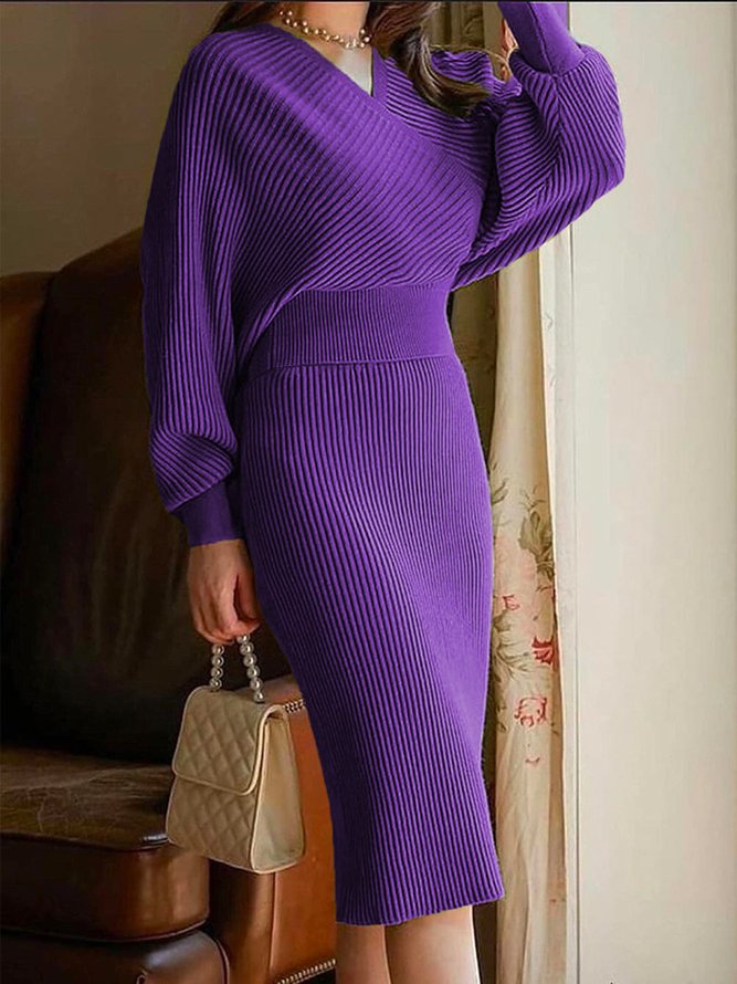 Elegant Regular Fit Plain Sweater Midi Dress With No Belt