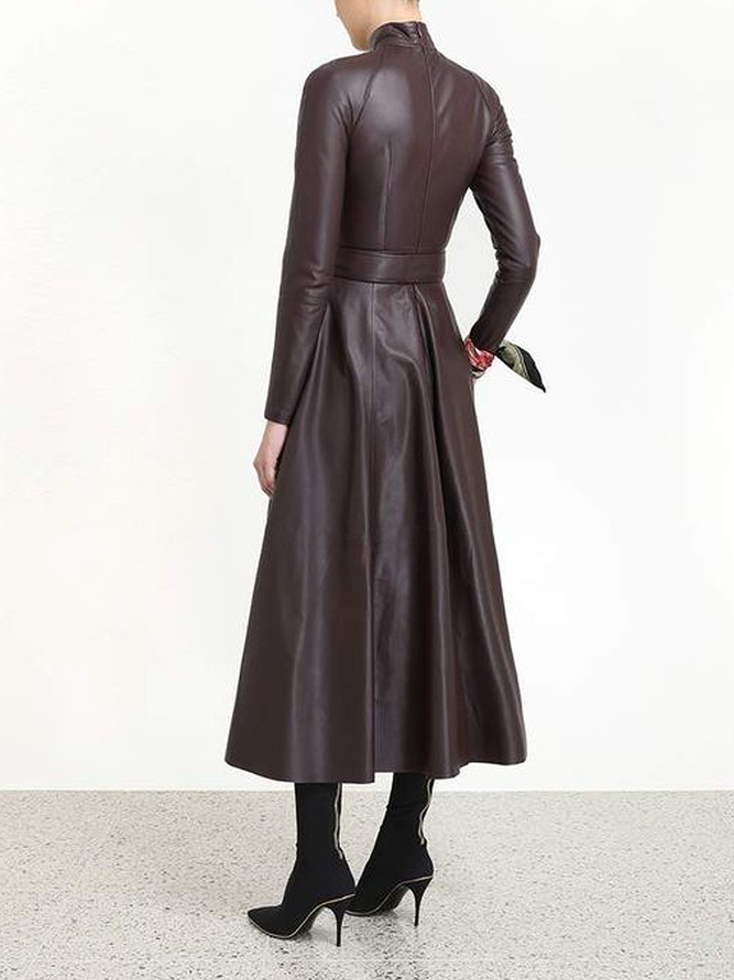 Micro-Elasticity Pu Elegant Stand Collar Long Sleeve Leather Maxi Dress With Belt