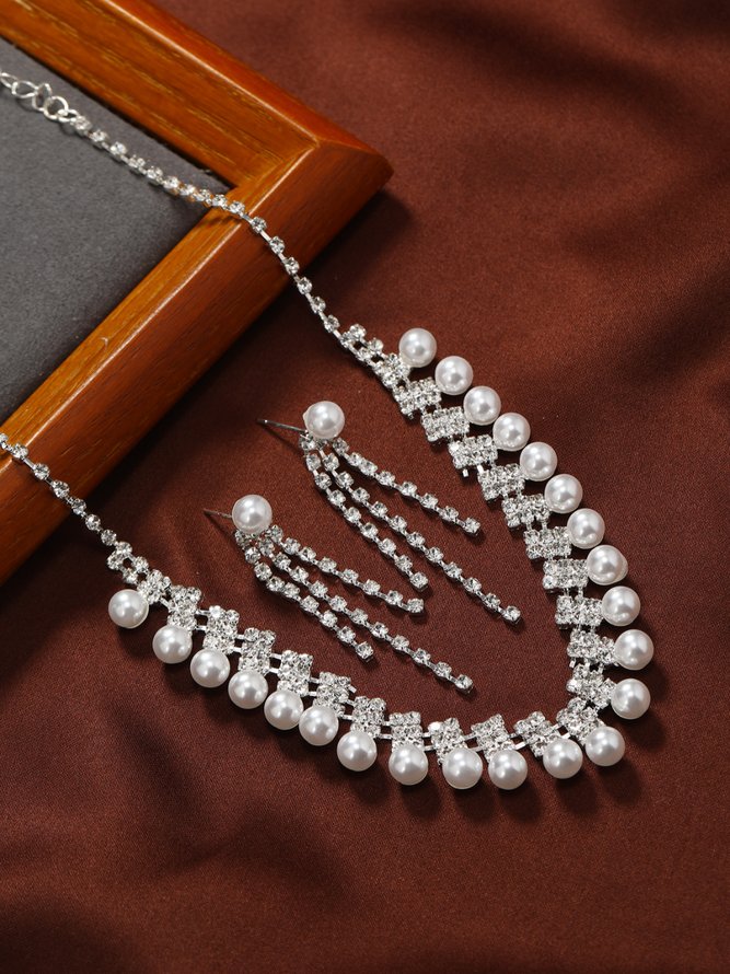 2PCS Rhinestone Dangle Earrings Party Imitation Pearl Pendant Necklace Wedding Jewelry Set