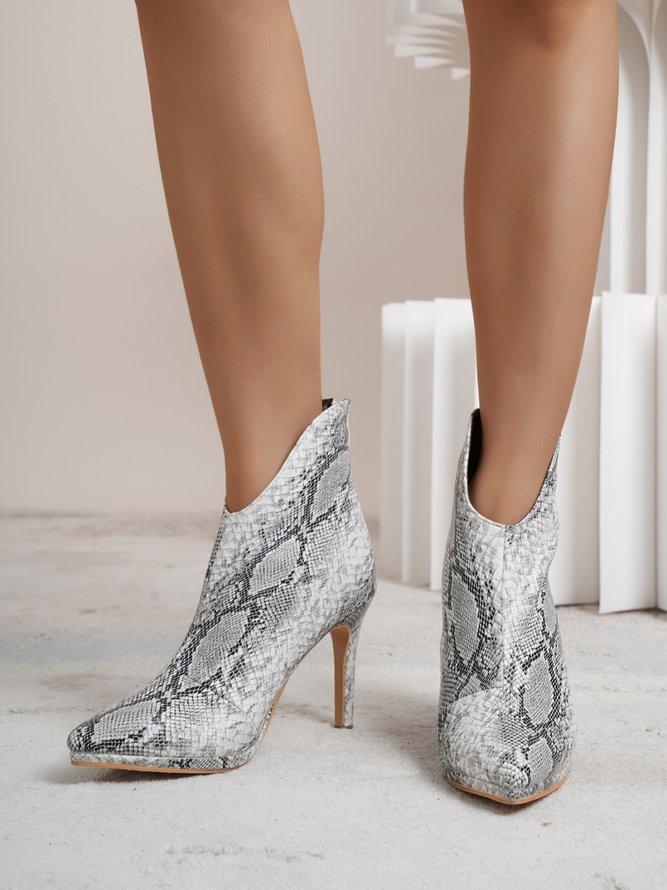 Snakeskin Pattern Front V-neck Stiletto Heel Fashion Boots