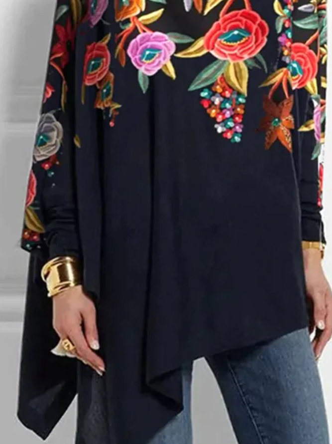 Plus Size High Elasticity Turtleneck Long Sleeve Floral Urban Shirt