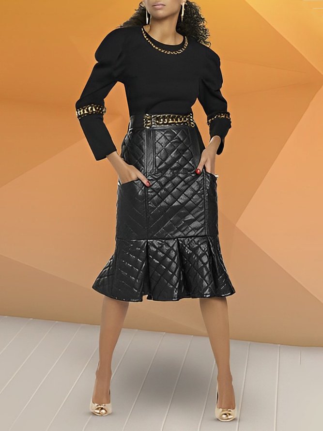 Urban Plain Regular Fit Faux Leather Midi Skirt