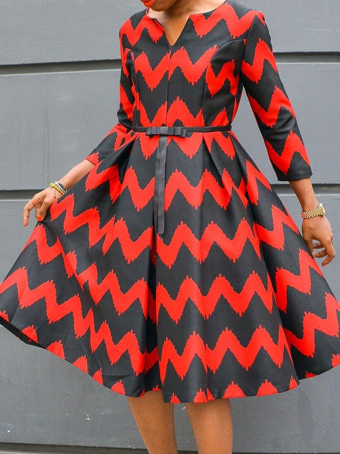 Regular Fit Geometric Elegant Dress With Belt