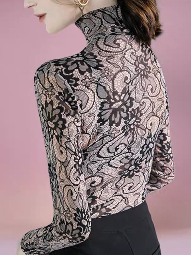 Floral Turtleneck Elegant Long Sleeve Shirt
