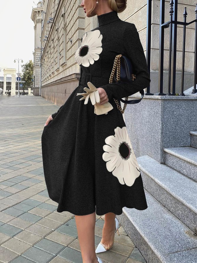 Floral Elegant Long Sleeve Regular Fit Midi Dress With Belt