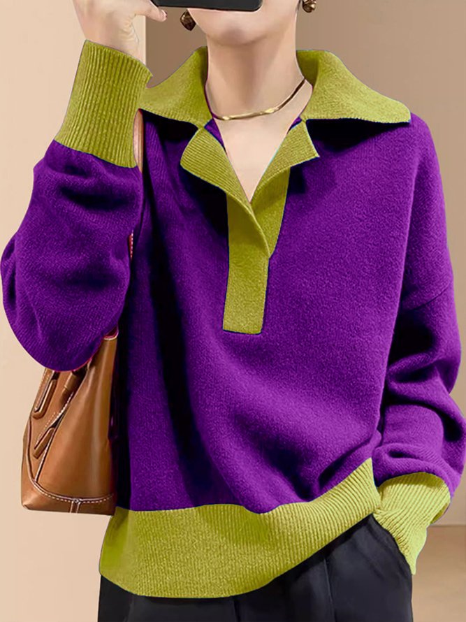 Long Sleeve Color Block Urban Shirt Collar Sweater