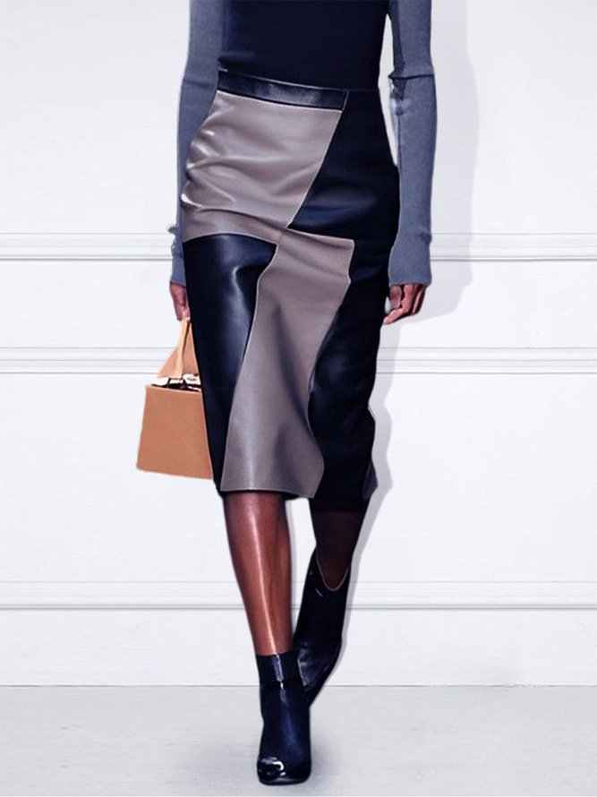 Regular Fit Color Block Urban Faux Leather Midi Skirt