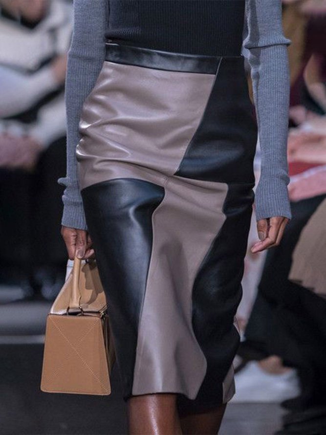Regular Fit Color Block Urban Faux Leather Midi Skirt