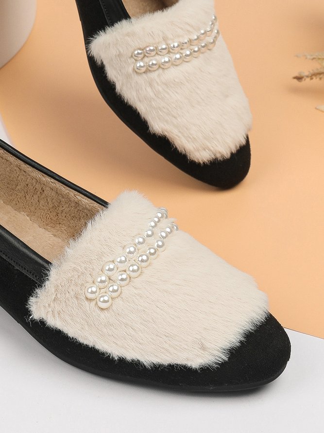 Elegant Faux Pearls Color Block Furry Square Toe Block Heel Shoes