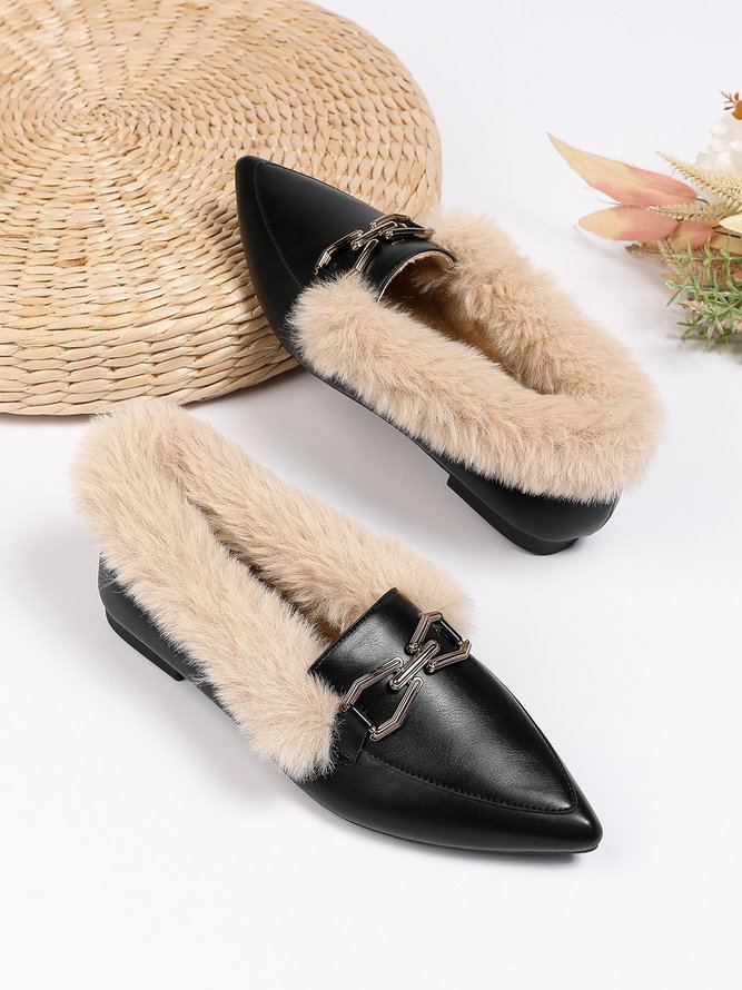 Women Metal Decor Commuting Furry Synthetic Leather Loafers