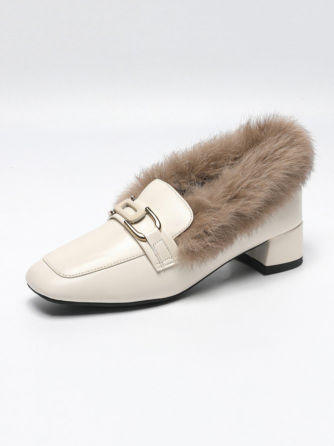 Metal Decor Commuting Square Toe Warmth Furry Loafers