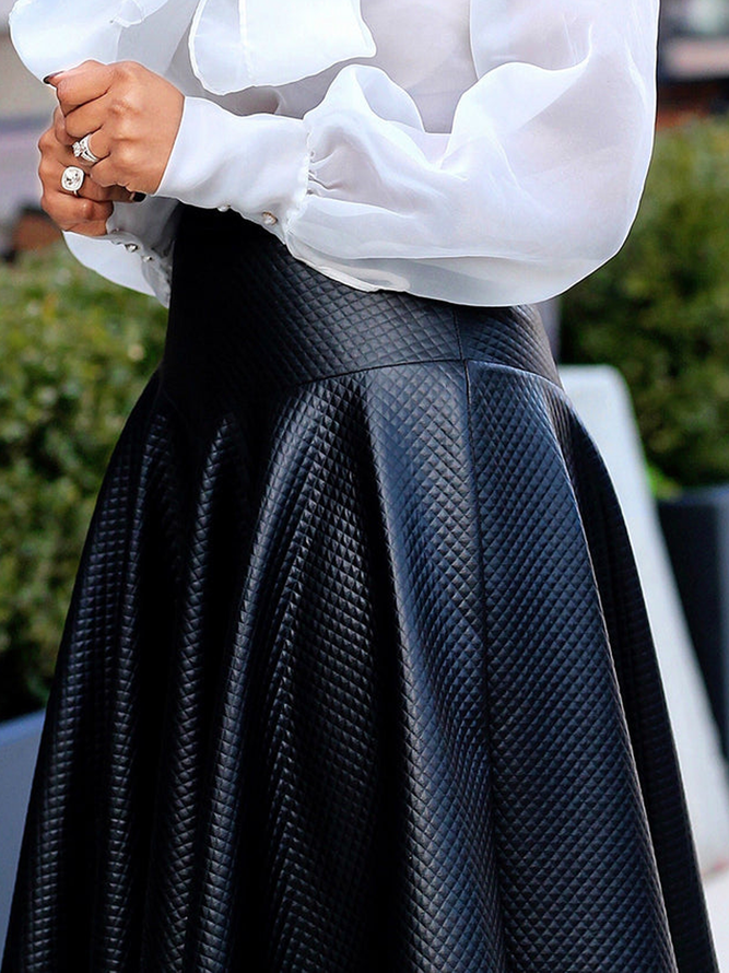 Loose Elegant Plain Pu Faux Leather Midi Skirt