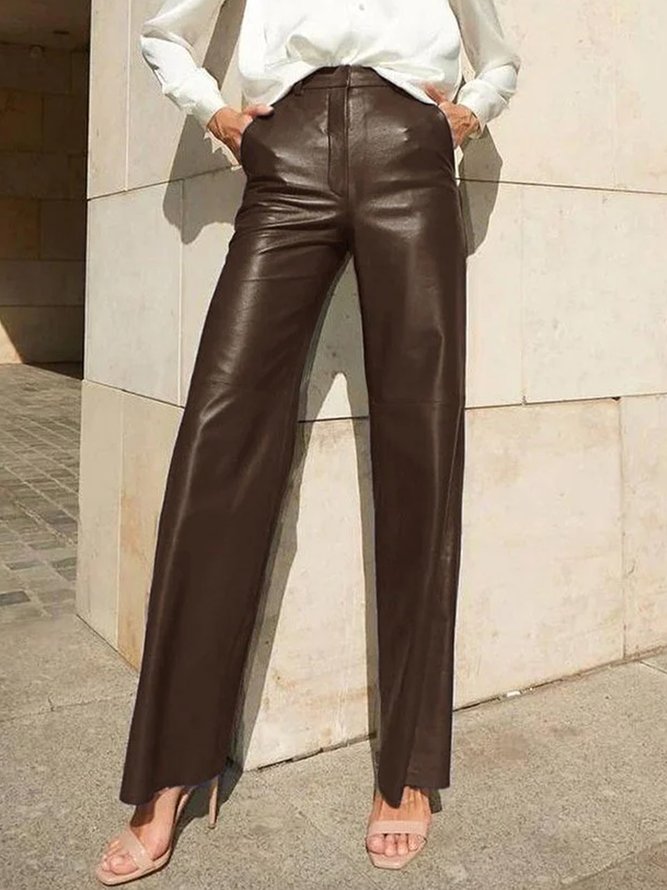 Urban Plain Regular Fit  Pockets Pu Faux Leather Pants