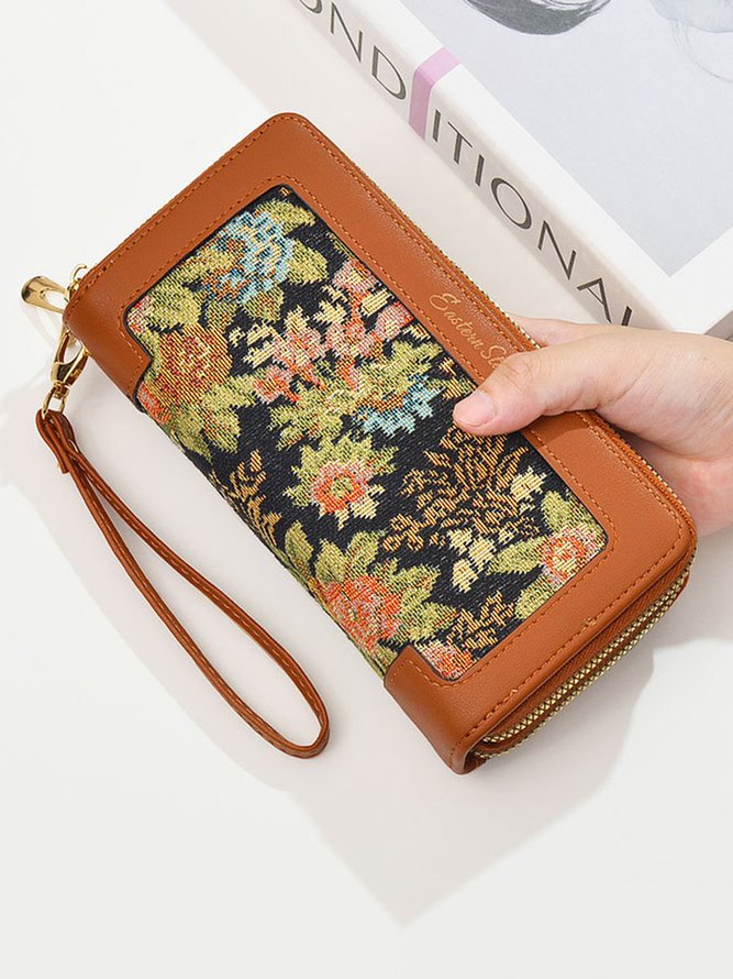 Elegant Floral Clutch Bag Houndstooth Long Wallet