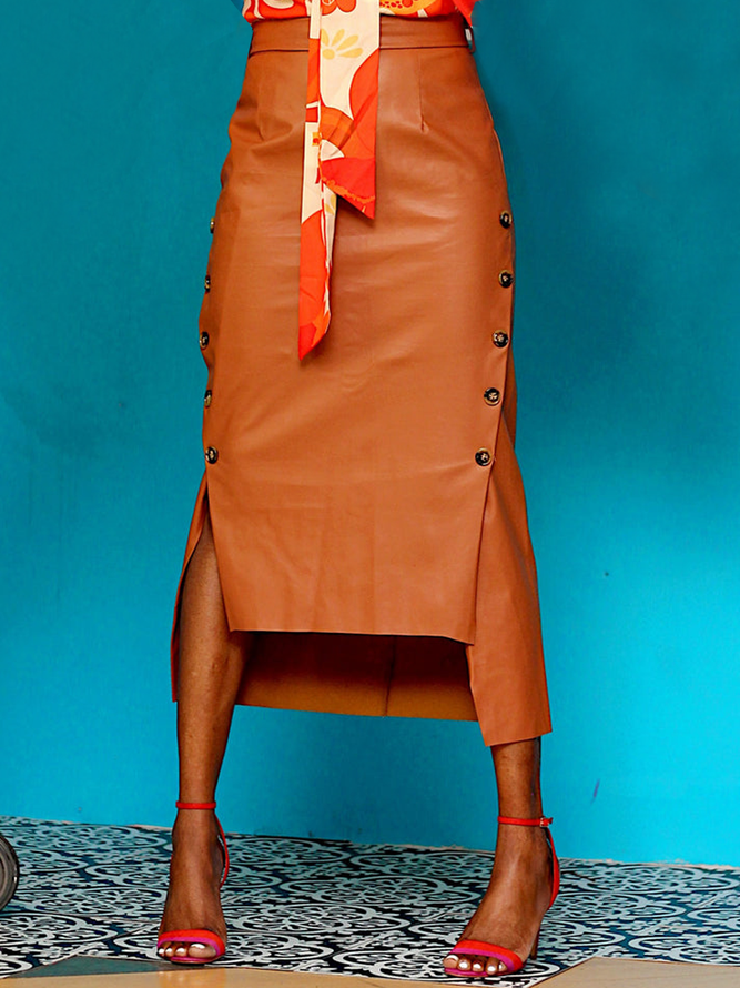PU Micro-Elasticity Plain Regular Fit Elegant Faux Leather Midi Skirt