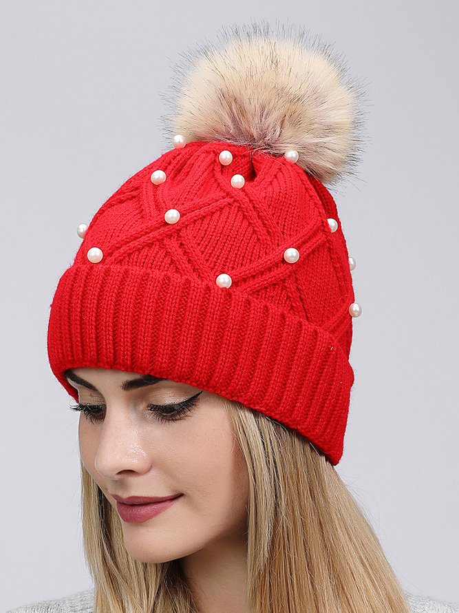 Imitation Pearl Fuzzy Ball Knitted Hat