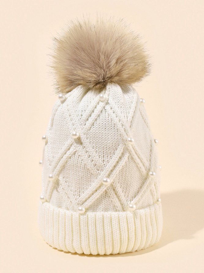 Imitation Pearl Fuzzy Ball Knitted Hat