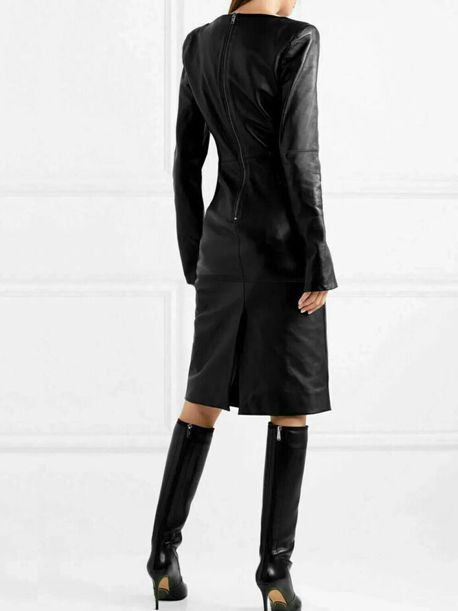 Regular Fit Medium Elasticity PU V Neck Long Sleeve Elegant Faux Leather Dress