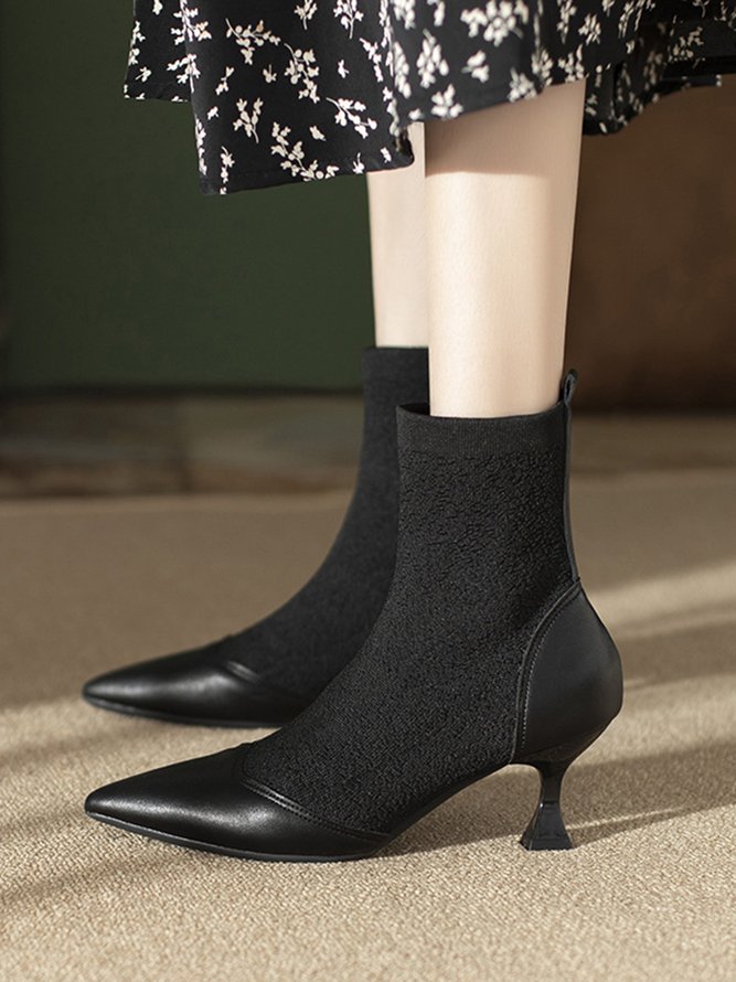 Elegant High-Elastic Mesh Fabric Paneled Block Heel Sock Boots