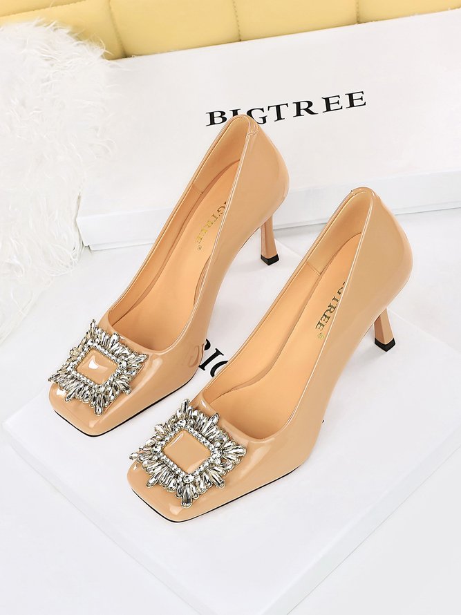 Rhinestone Buckle Party Square Toe Shallow Pumps