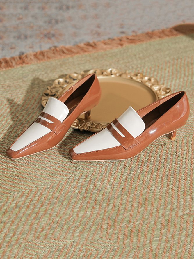 Women Elegant Color Block Patent Leather Block Heel Loafers