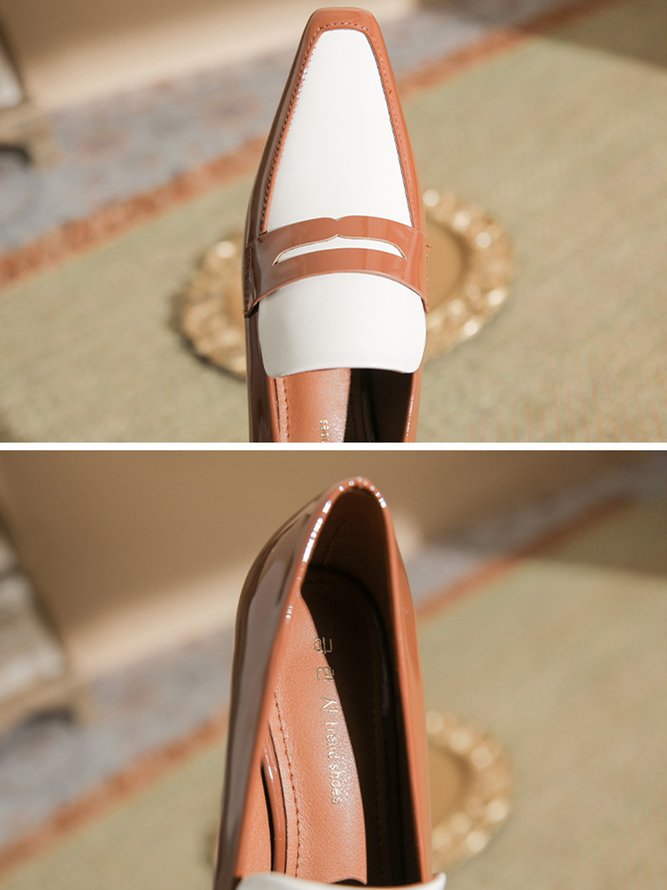 Women Elegant Color Block Patent Leather Block Heel Loafers