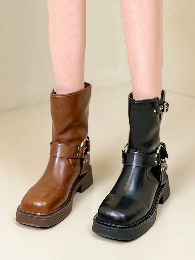 Punk Style Buckle Square Toe Thick Bottom Combat Boots