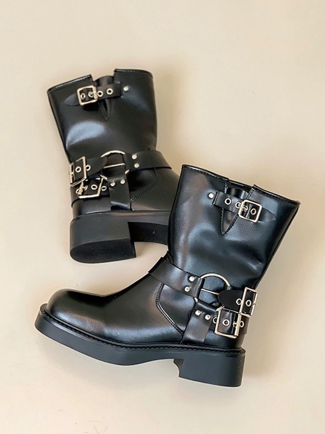 Punk Style Buckle Square Toe Thick Bottom Combat Boots