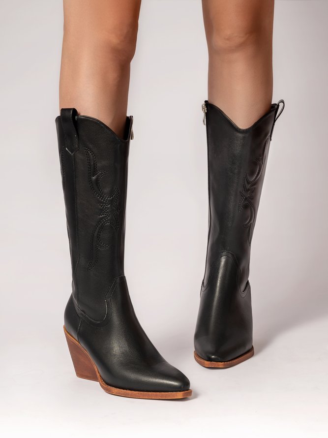 West Style Embroidery Block Heel Mid-calf Boots