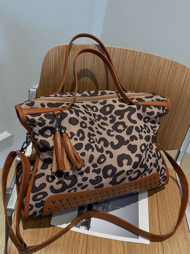 West Style Leopard Rivet Large Capacity Canvas Tote Bag