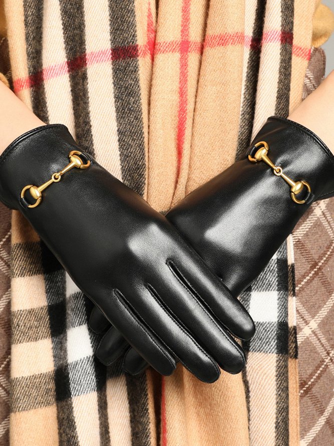 Elegant Metal Buckle Warm Lined Sheepskin Gloves