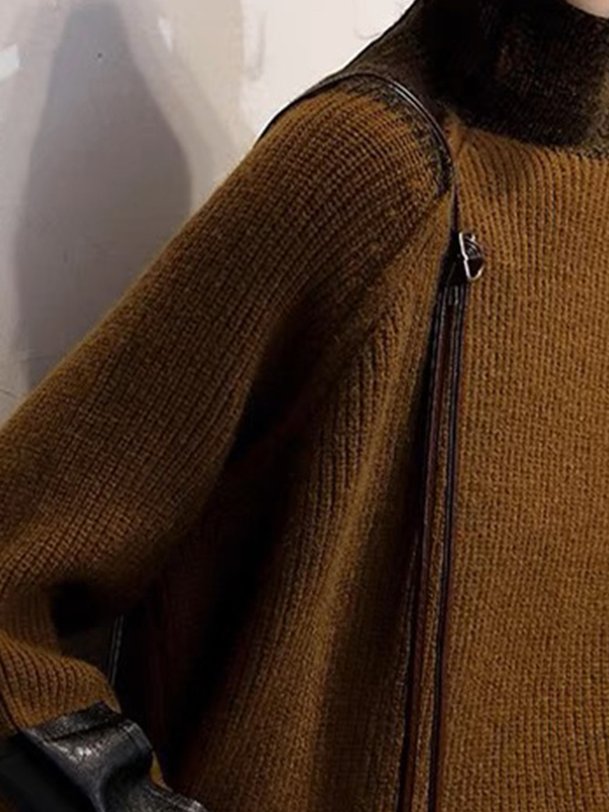 Plus Size Turtleneck Color Block Urban Long Sleeve Sweater